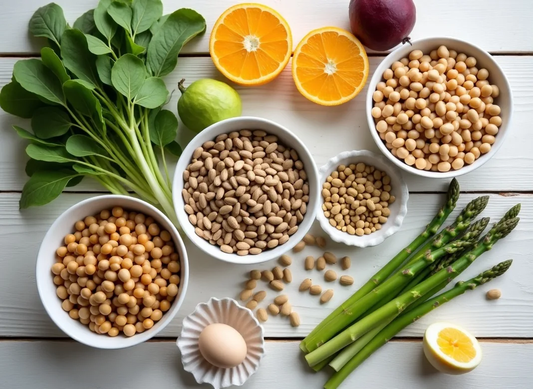 Alimentos ricos em folato, ferro e iodo: leguminosas, hortícolas de folha verde, espargos, sementes, ovo e citrinos