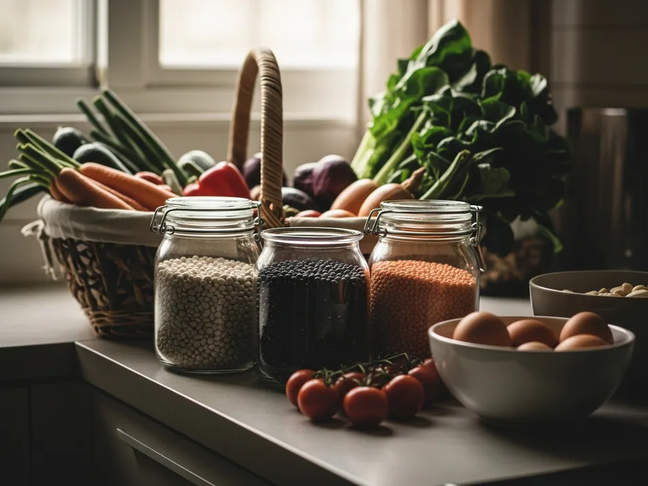 Bancada com um cesto de legumes, frascos de leguminosas e cereais, tomates e uma taça de ovos.
