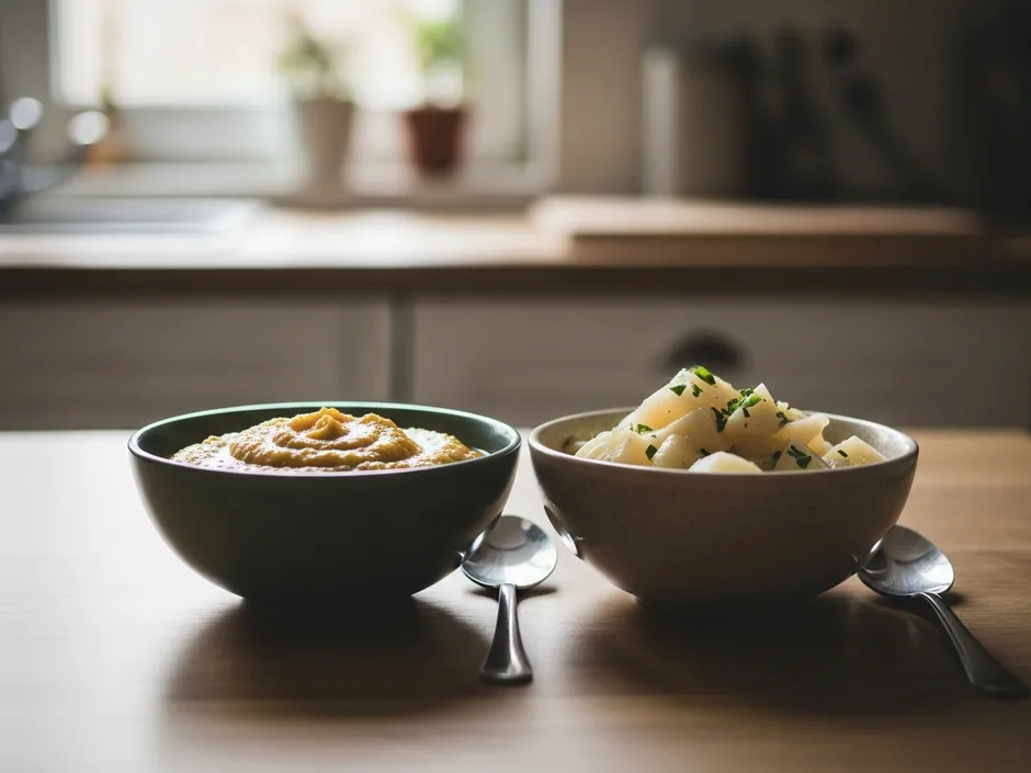 Duas taças lado a lado sobre uma mesa: uma com puré e outra com pedaços de legumes cozidos.