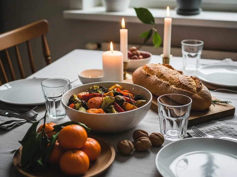 Mesa posta para uma refeição de festa: travessa de legumes assados, pão, tangerinas e nozes.