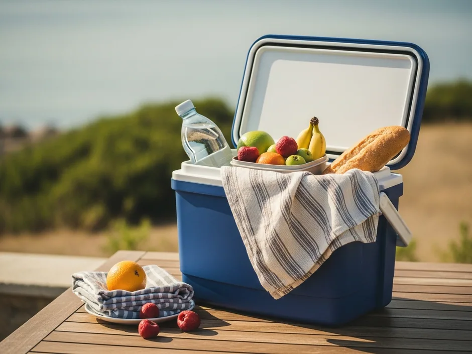 Geleira aberta sobre uma mesa ao ar livre com fruta, pão e uma garrafa de água.