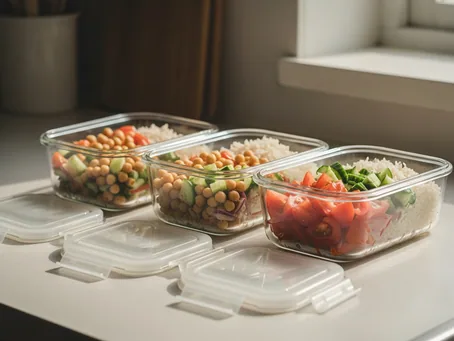 Três marmitas de vidro com saladas de grão, arroz e legumes, sobre uma bancada.