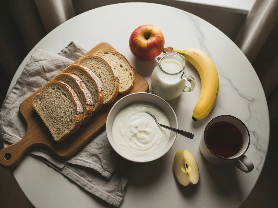 Mesa de pequeno-almoço vista de cima: pão fatiado, taça de iogurte, maçã, banana, leite e chá.