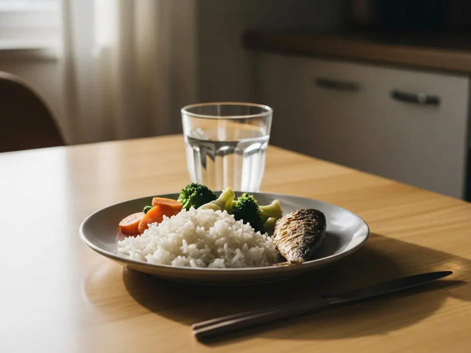 Prato simples com arroz e legumes cozidos sobre uma mesa, ao lado de um copo de água.
