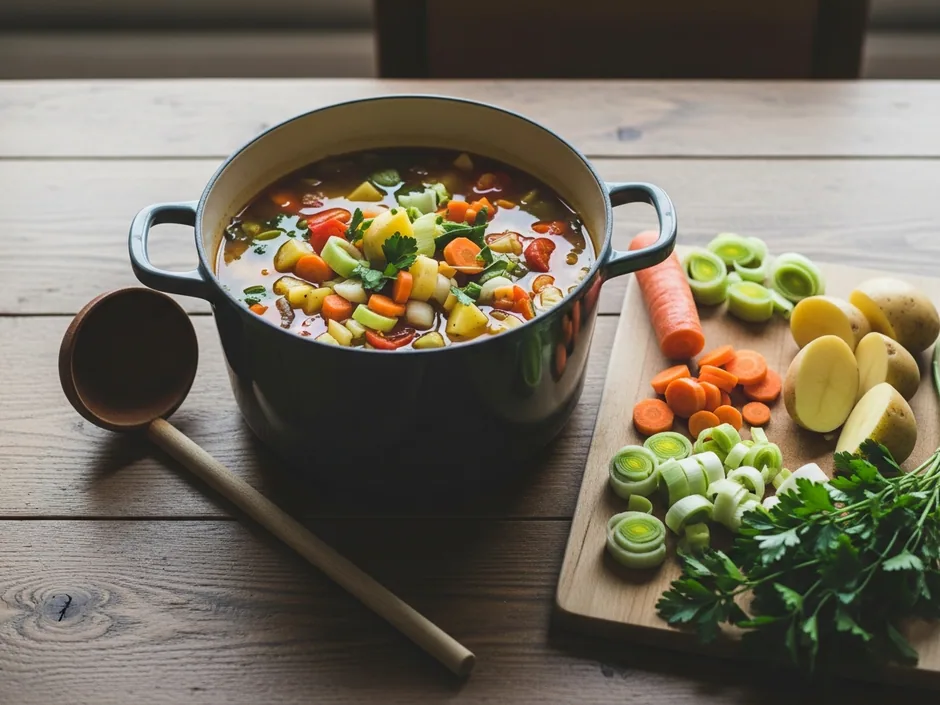 Panela de sopa de legumes sobre uma mesa de cozinha, com cenoura, alho-francês e batata numa tábua ao lado.